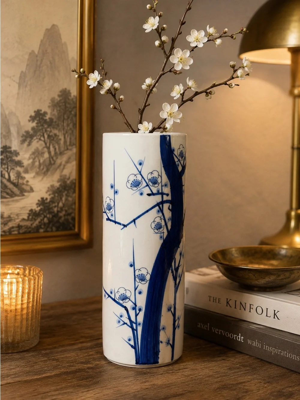 Vintage Asahi Japan Hand-Painted Porcelain Cylinder Vase | Japandi Chinoiserie